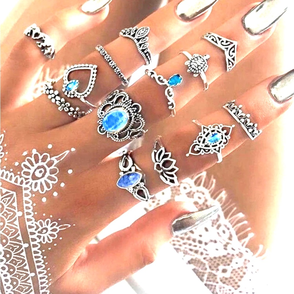 Womens 13 pc antique Silver and Blue Gemstone Ring Set new